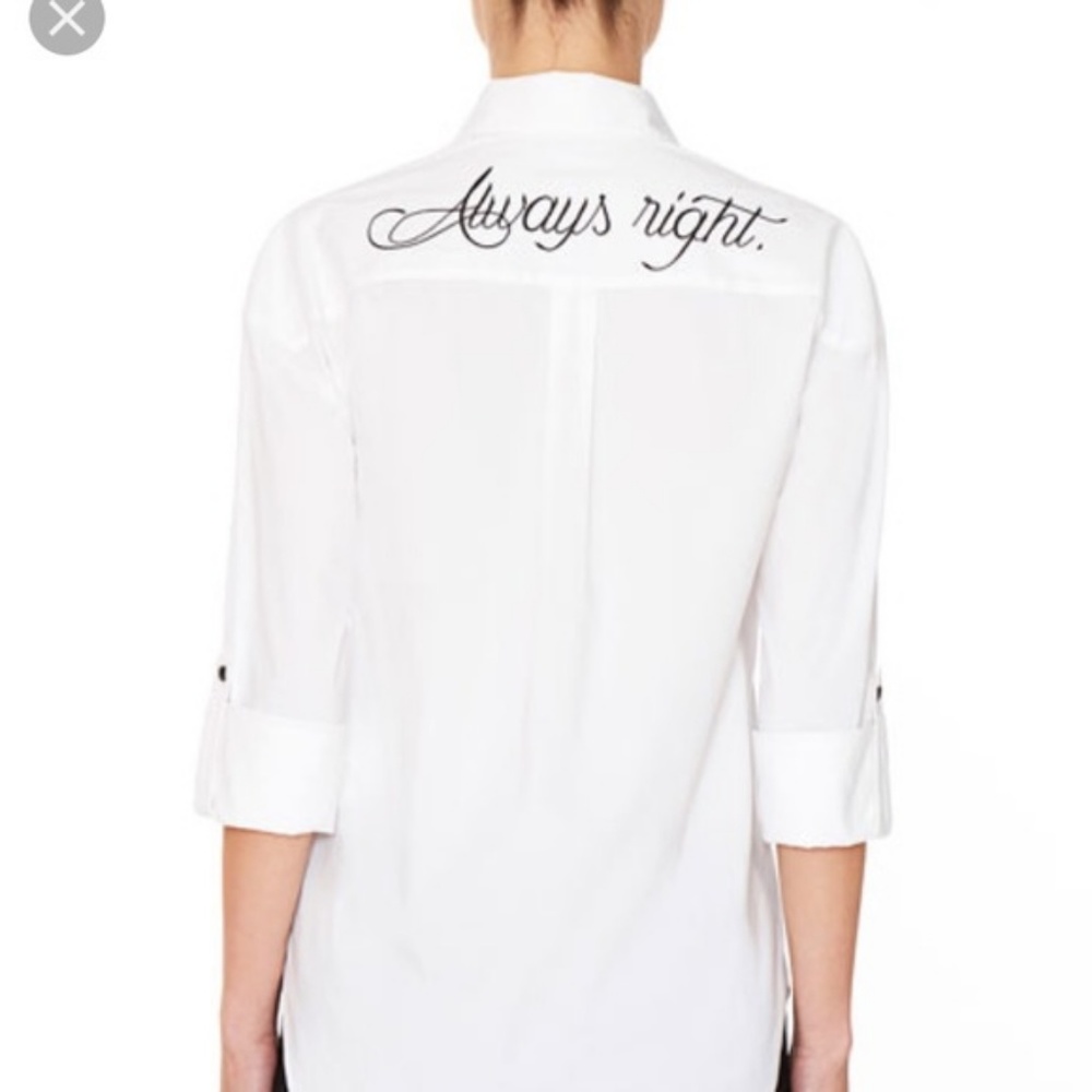 Alice + Olivia White Button-Up Shirt with Script Back